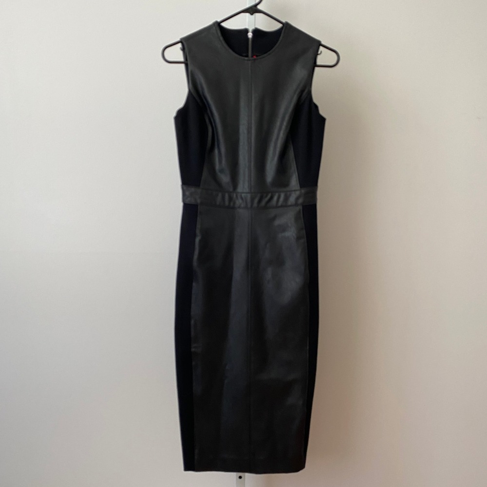 Spanx XS Black Faux Leather Mixed Media Sheath Dress Sleeveless Moto Chic